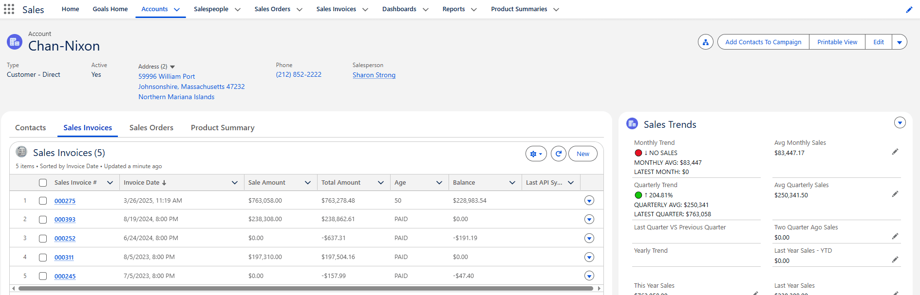 Mobile CRM interface with customer order history